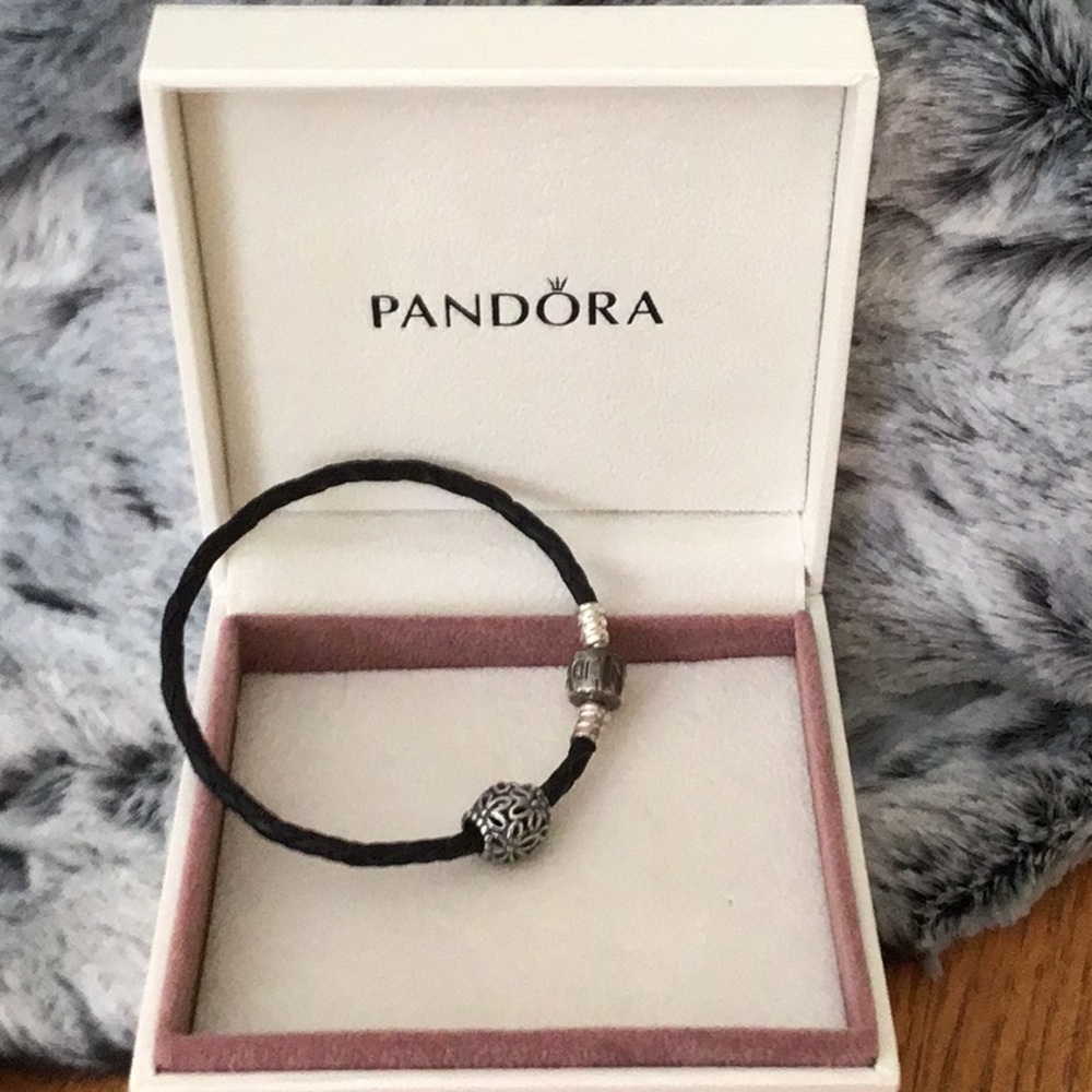 Pandora braided leather cord bracelet and charm